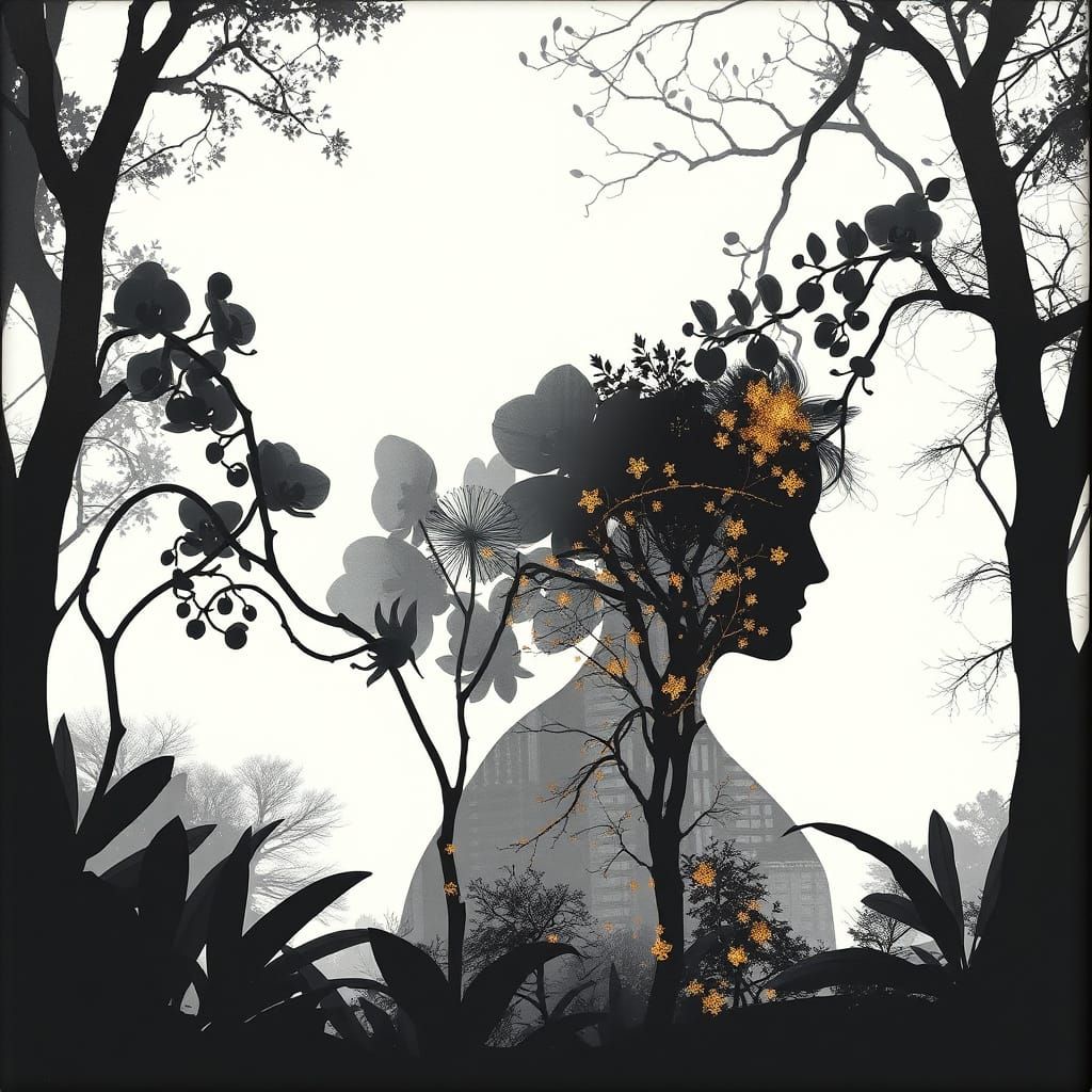 Surreal Double Exposure Silhouette in a Gilded Mythical Orch...