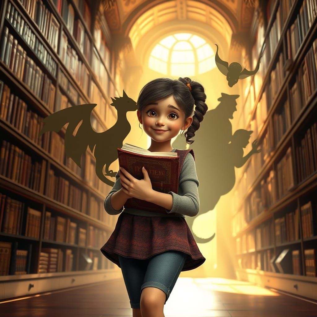 Whimsical Library Scene with Literary Characters Come to Lif...