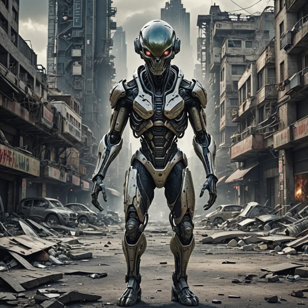 Hyperrealistic Alien Cyborg Hybrid in Sci-Fi City