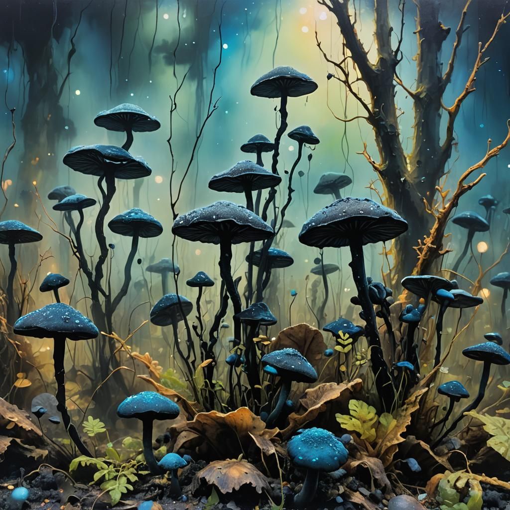 Expressionist Black Fungi Forest in Bold Tones