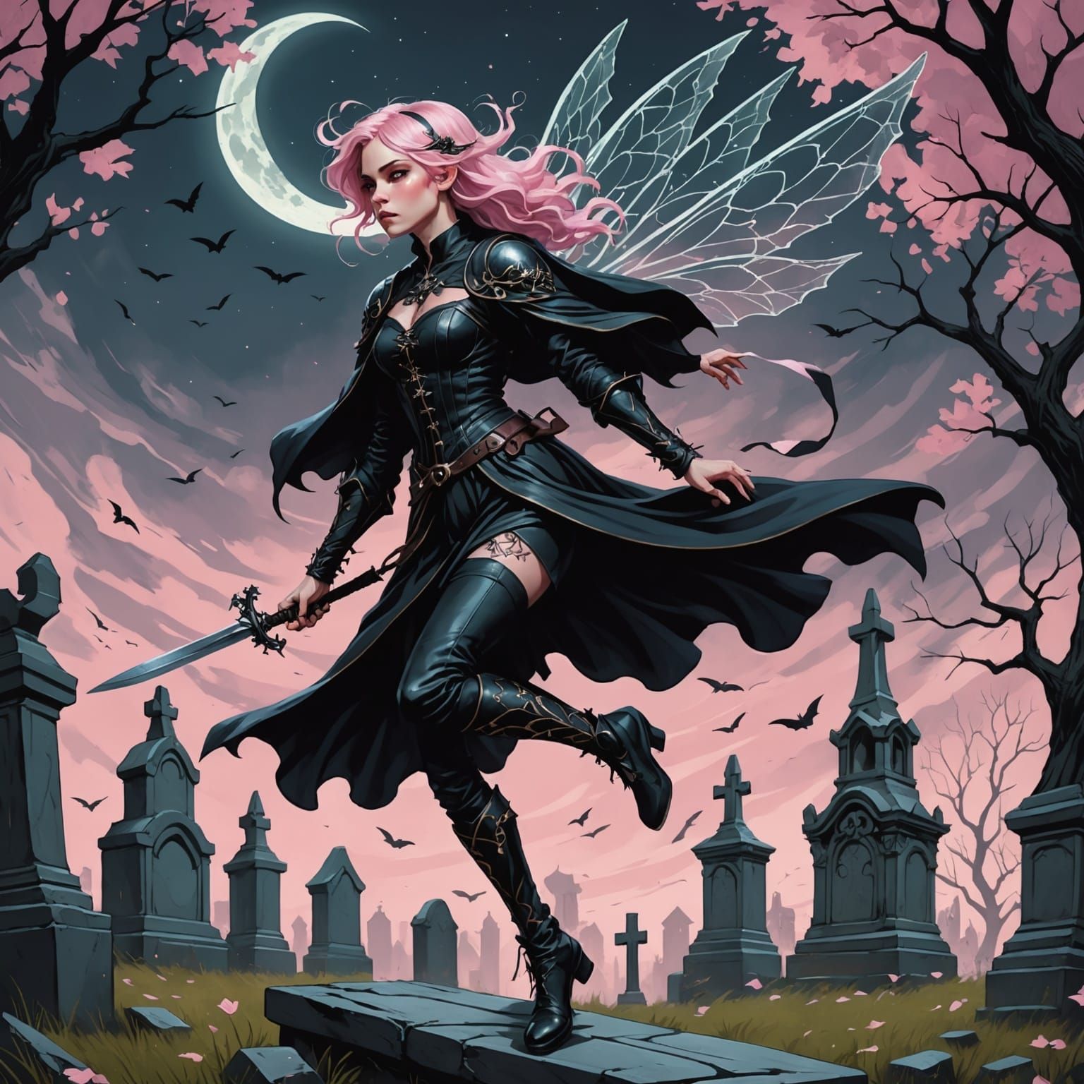 Gothic Fairy Flying Kick in Graveyard, Art Nouveau Style