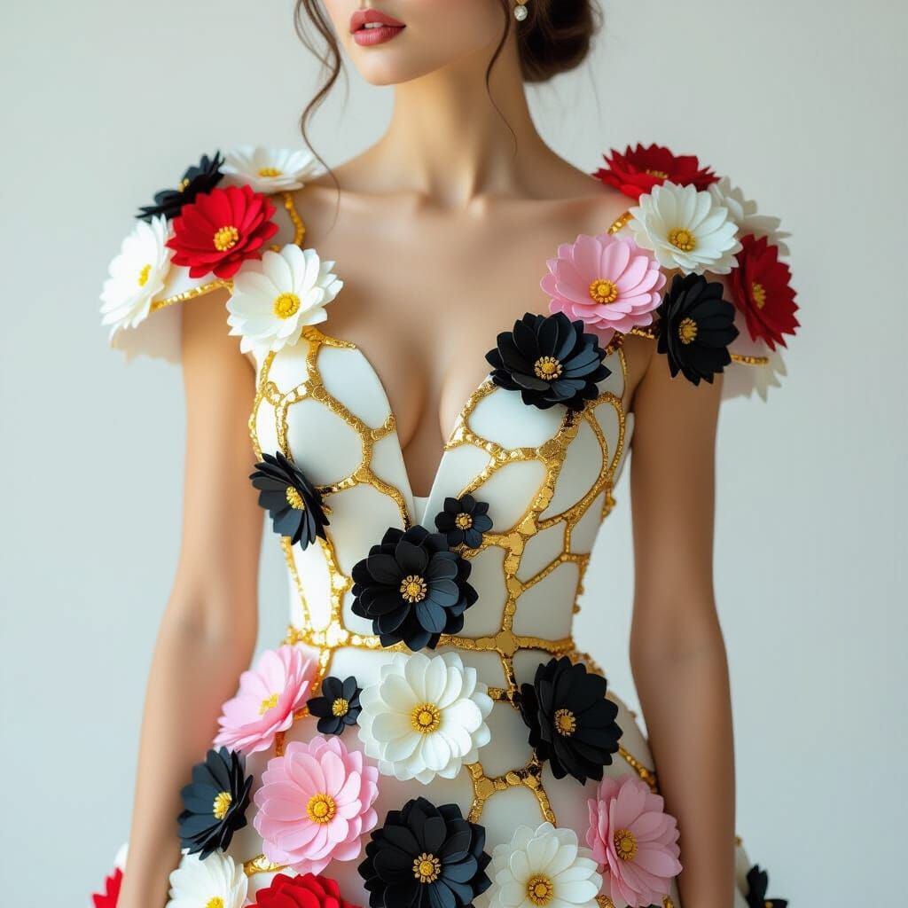 Woman in Floral Dress with Golden Kintsugi Accents
