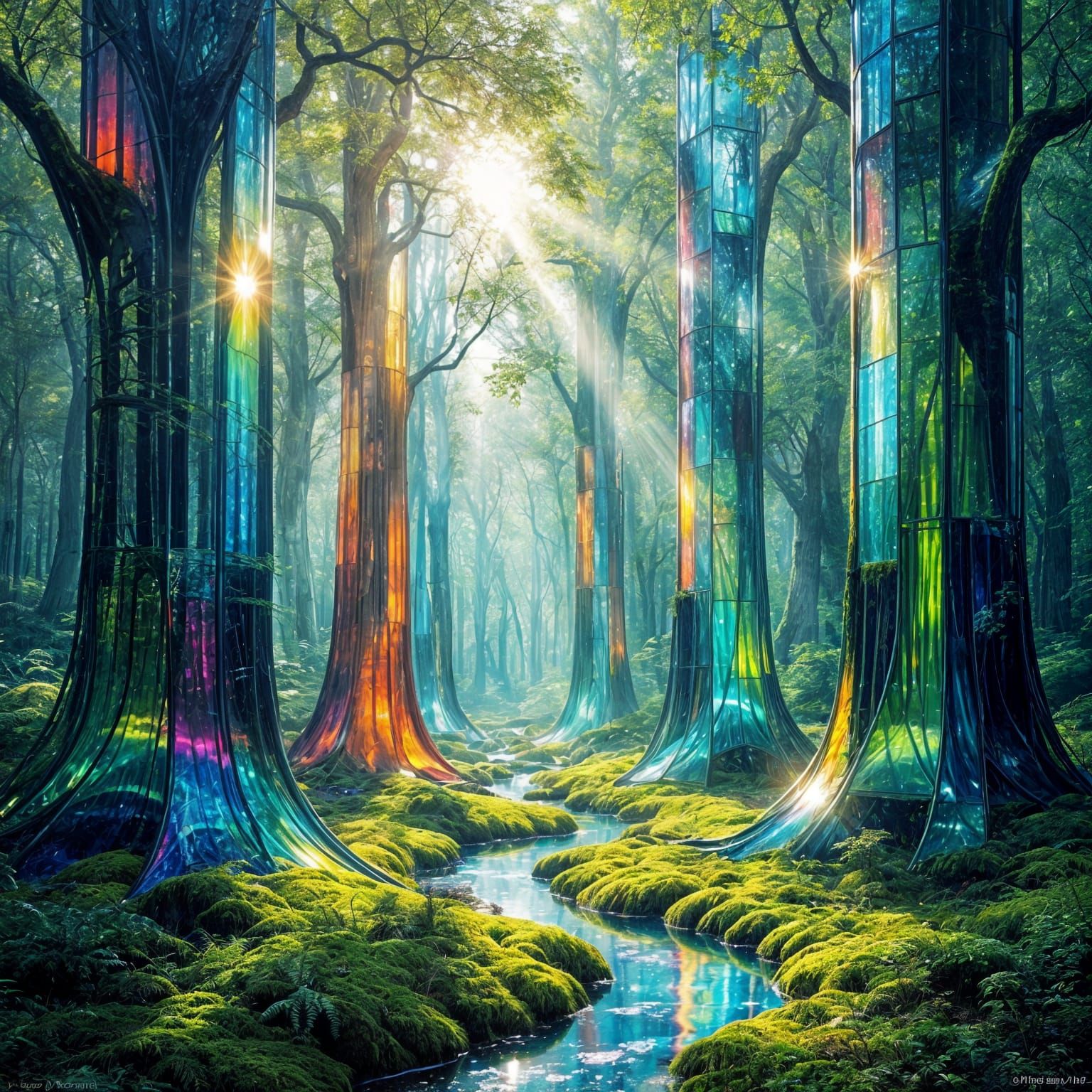 Glass Rainbow Forest: A Surrealist Illustration