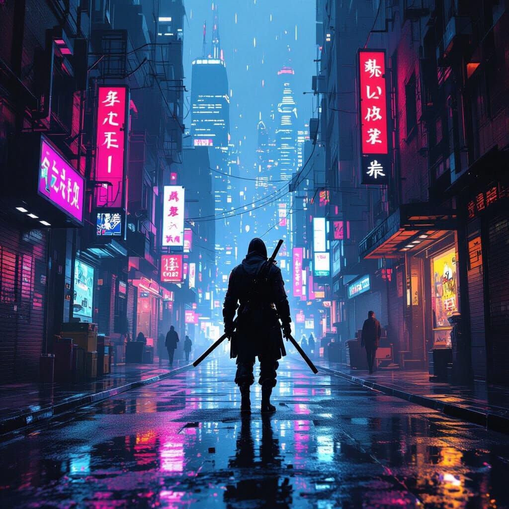 Cyberpunk Ninja in Neon City Alleyway