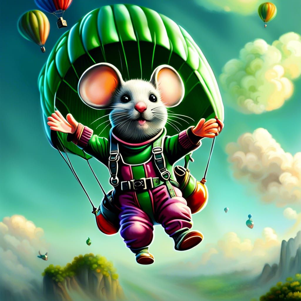 Mouse Skydiving in Green Outfit, Fantasy Art