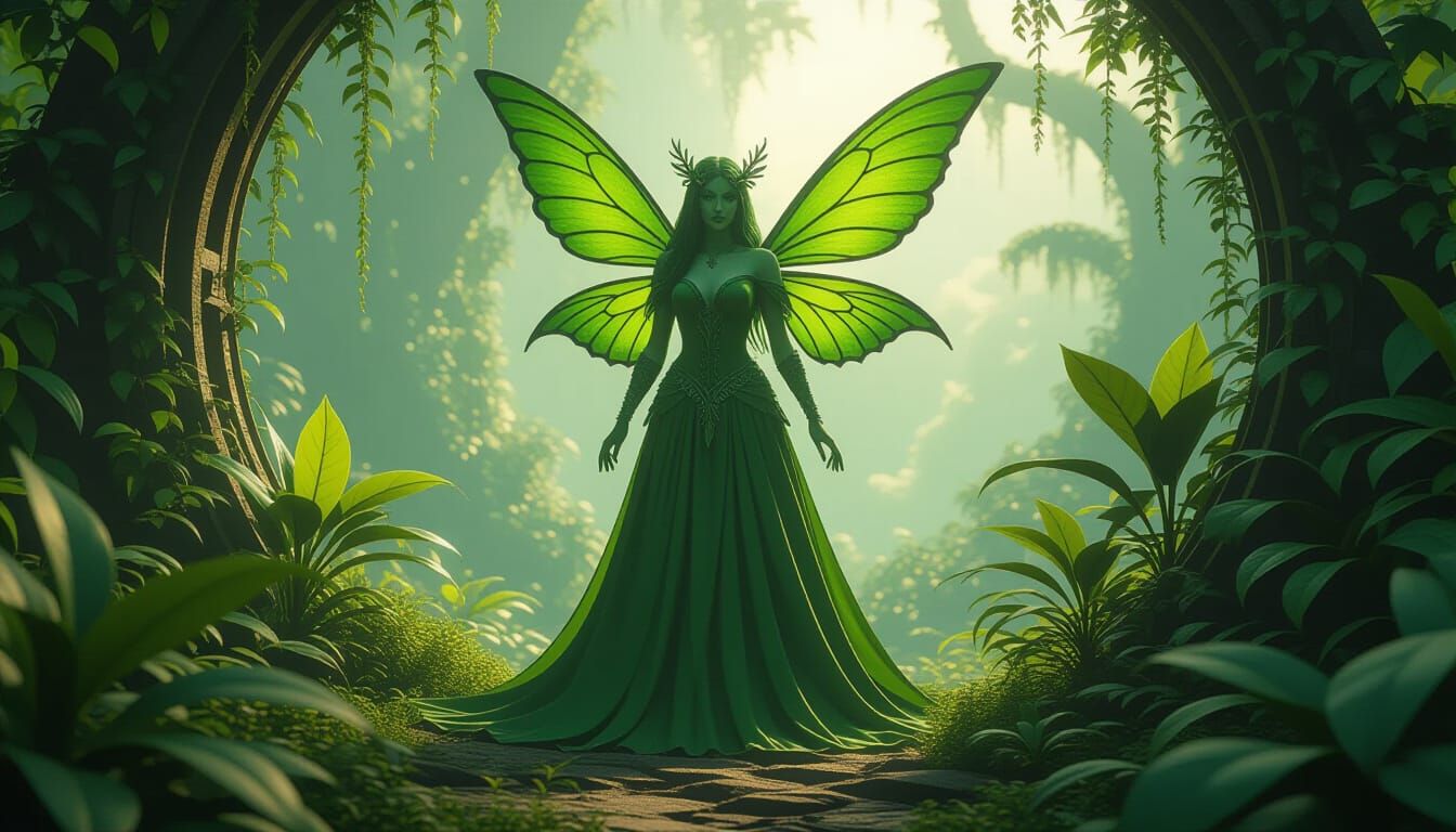 Mystical Green Fairy in Lush Fantasy Landscape