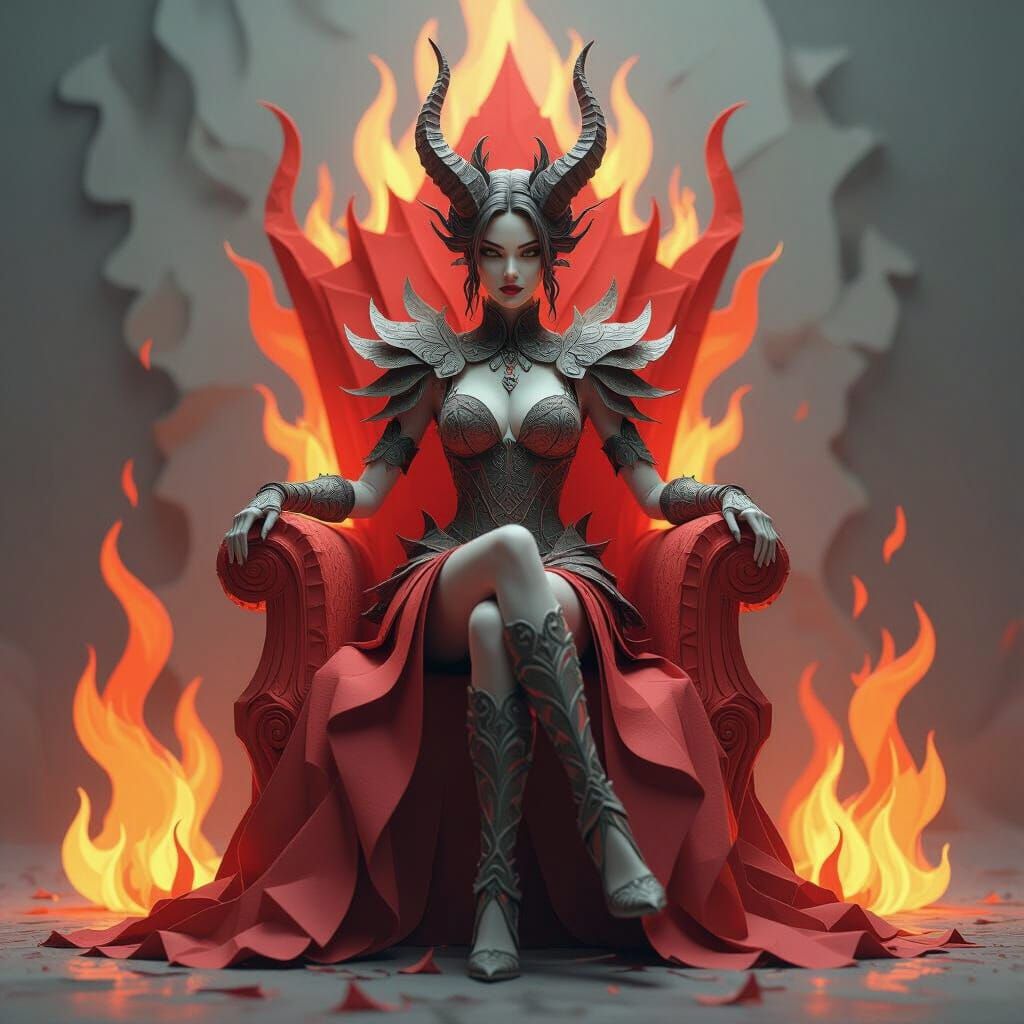 Fiery Papercraft Demoness on Throne in 3D Style