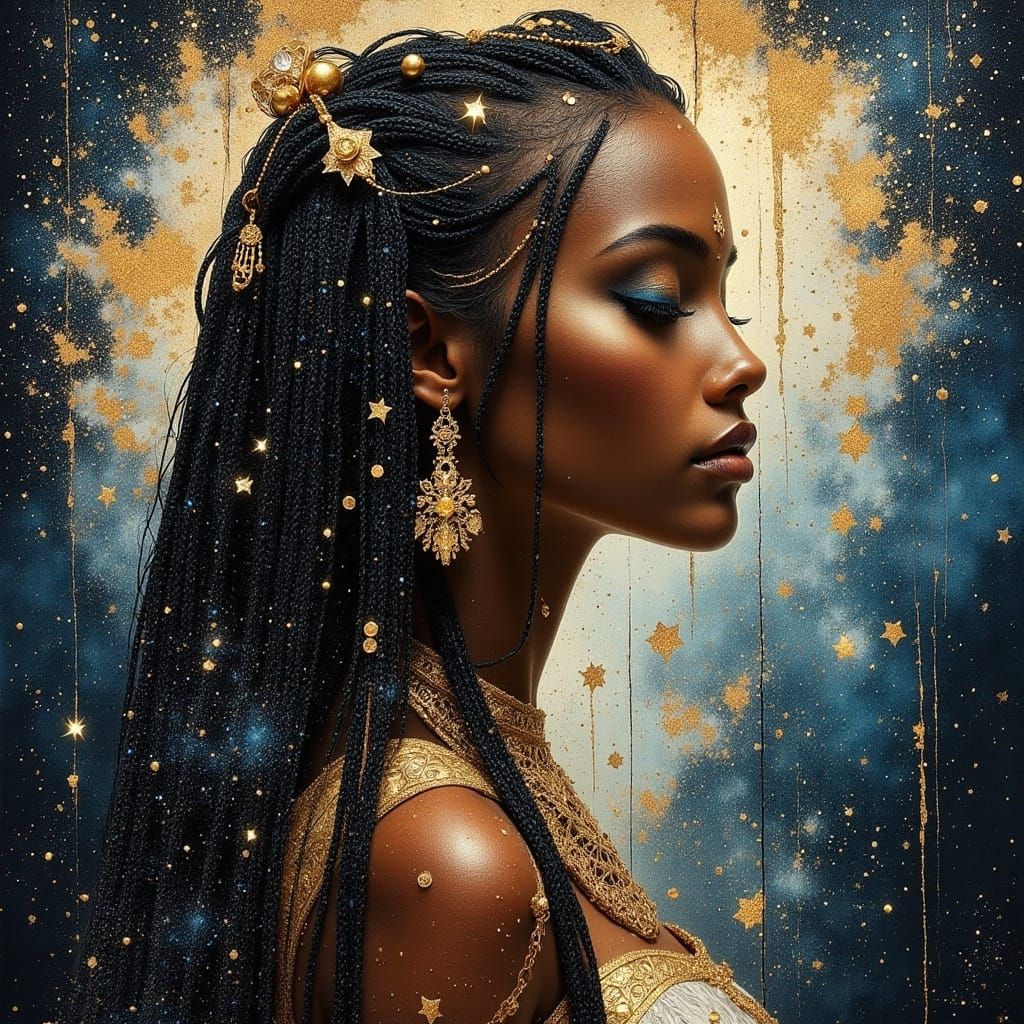Celestial Black Queen Portrait in Hyperreal Vogue Style