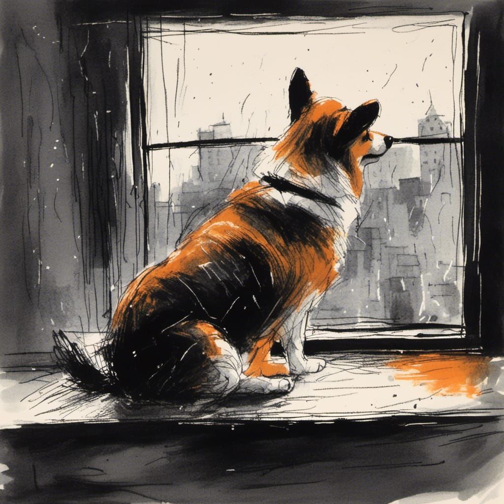 Colorful Corgi in the Rain, Charcoal Art