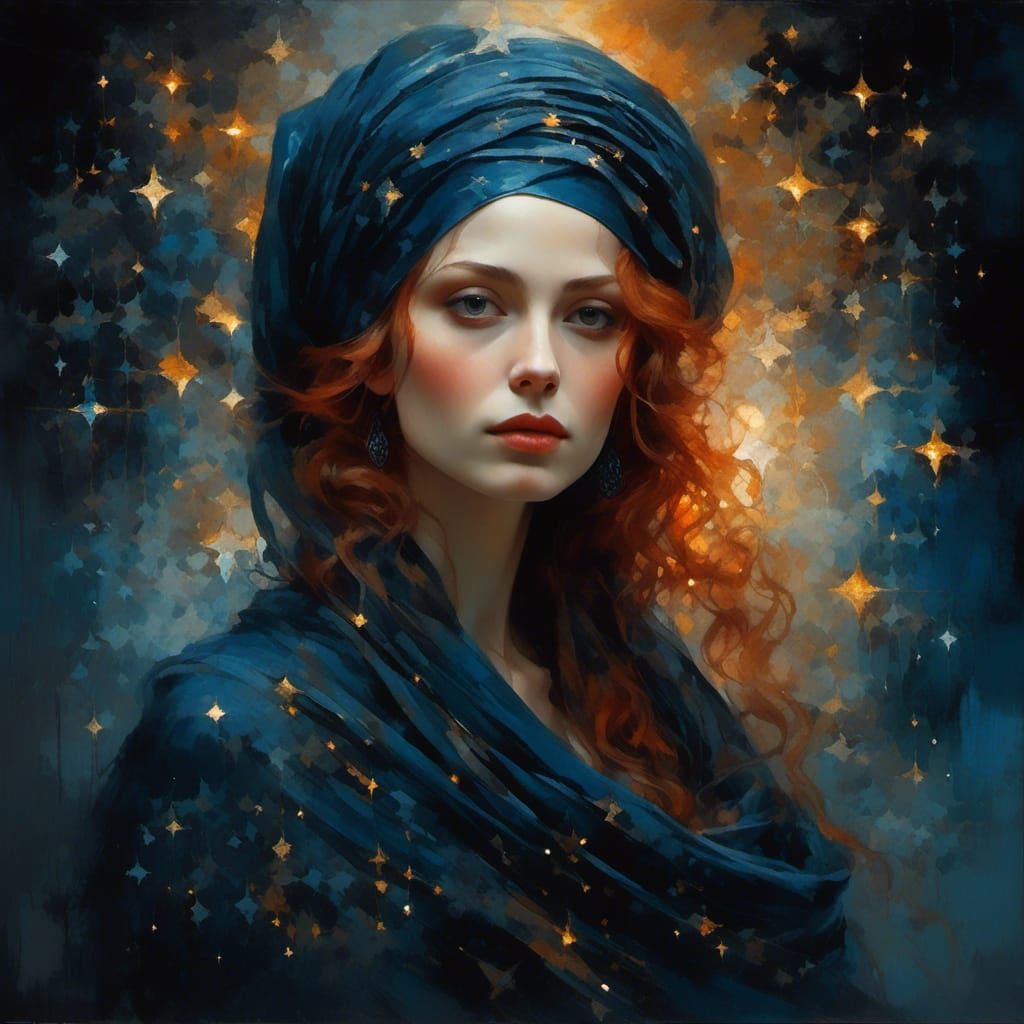 Woman in Starry Headscarf: Hyperrealistic Fantasy Portrait