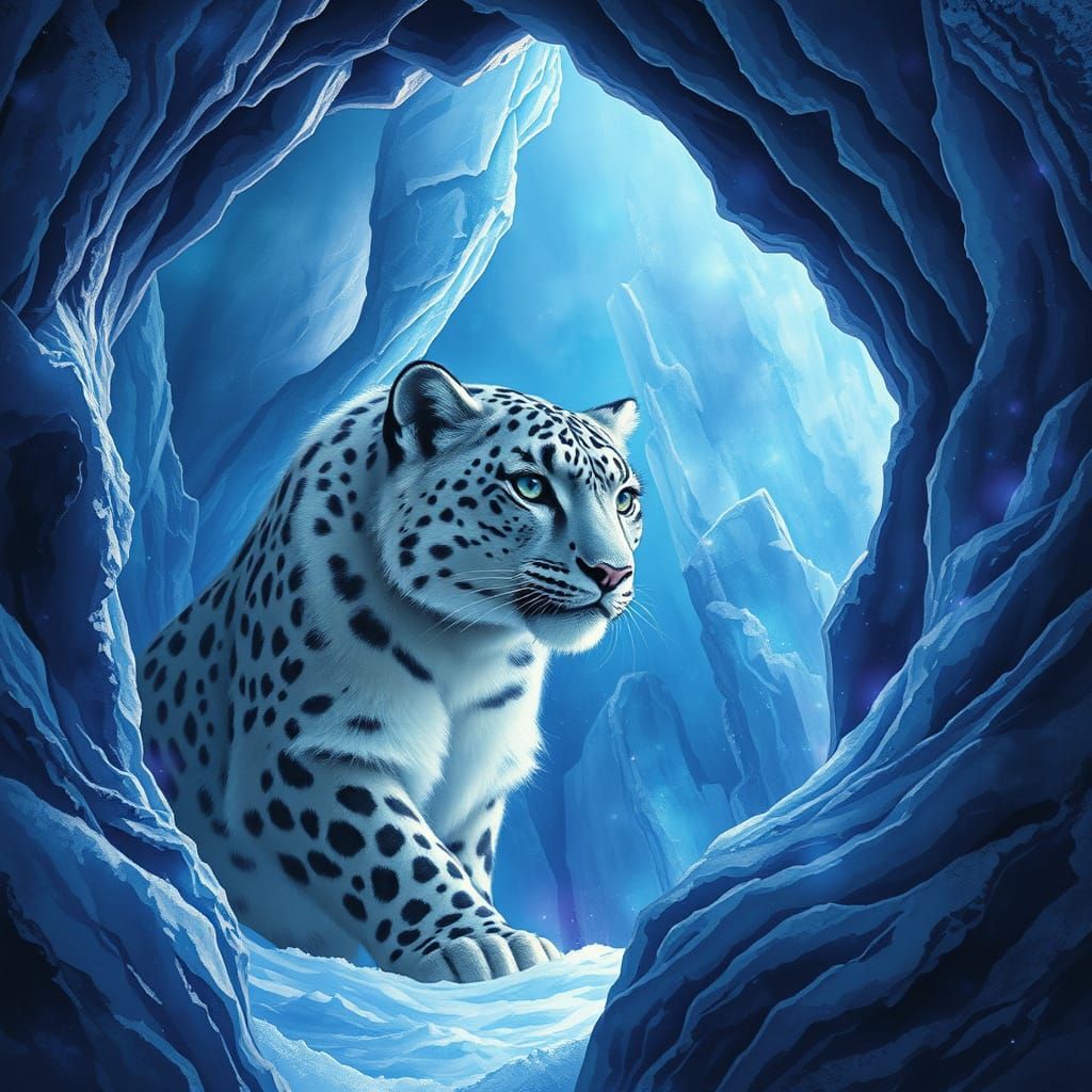Snow Leopard in Crystal Cavern, Himalayan Fantasy Art