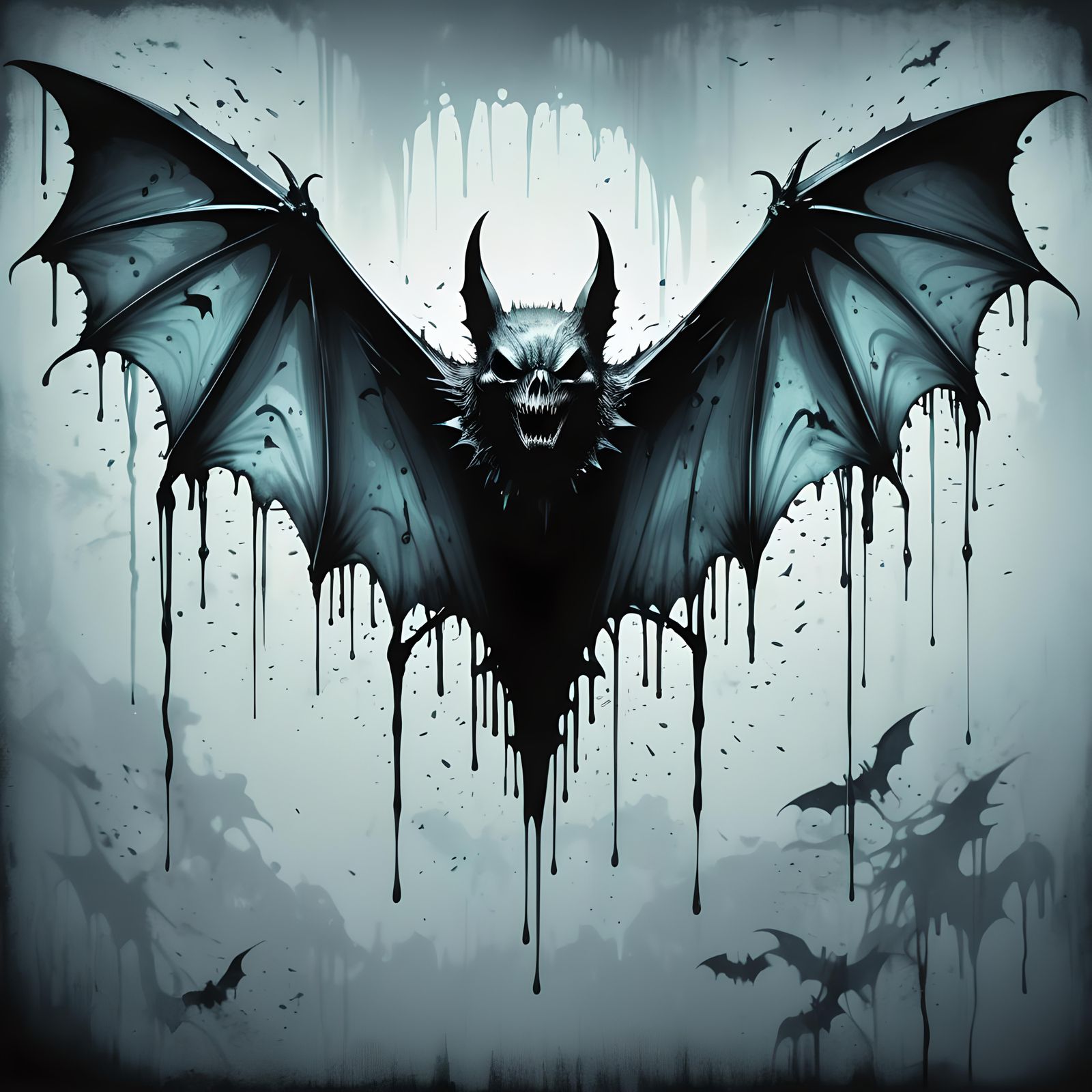 Creepy Two-Winged Bat with Razor Teeth: Ink Drawing