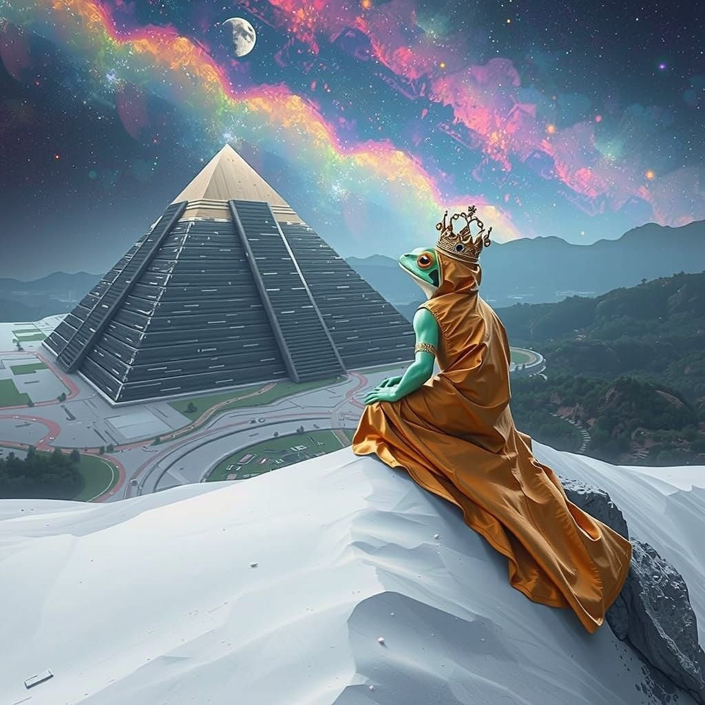 Chrome Frog Queen on Pyramid in Surreal Landscape