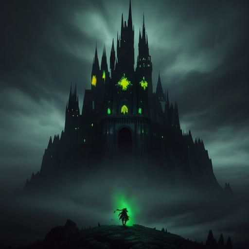 Gothic Skull Castle Digital Painting with Glowing Eyes