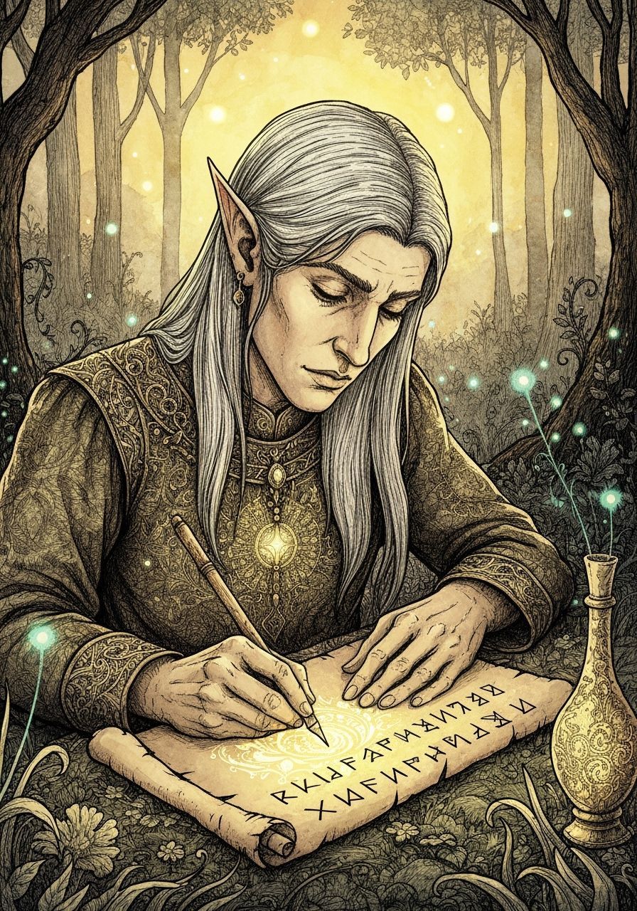 Elven Scholar Transcribing Runes in Enchanted Forest