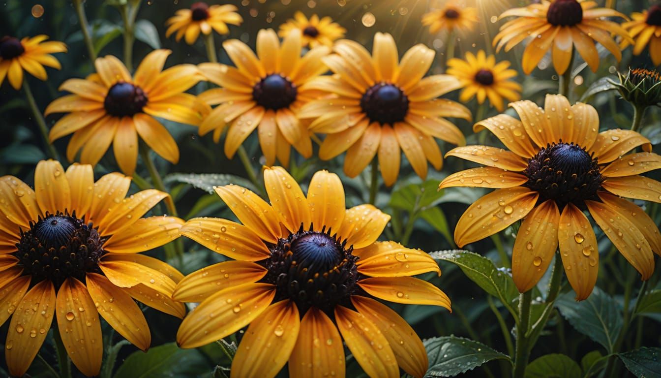 Hyperrealistic Black-Eyed Susans in Golden Light