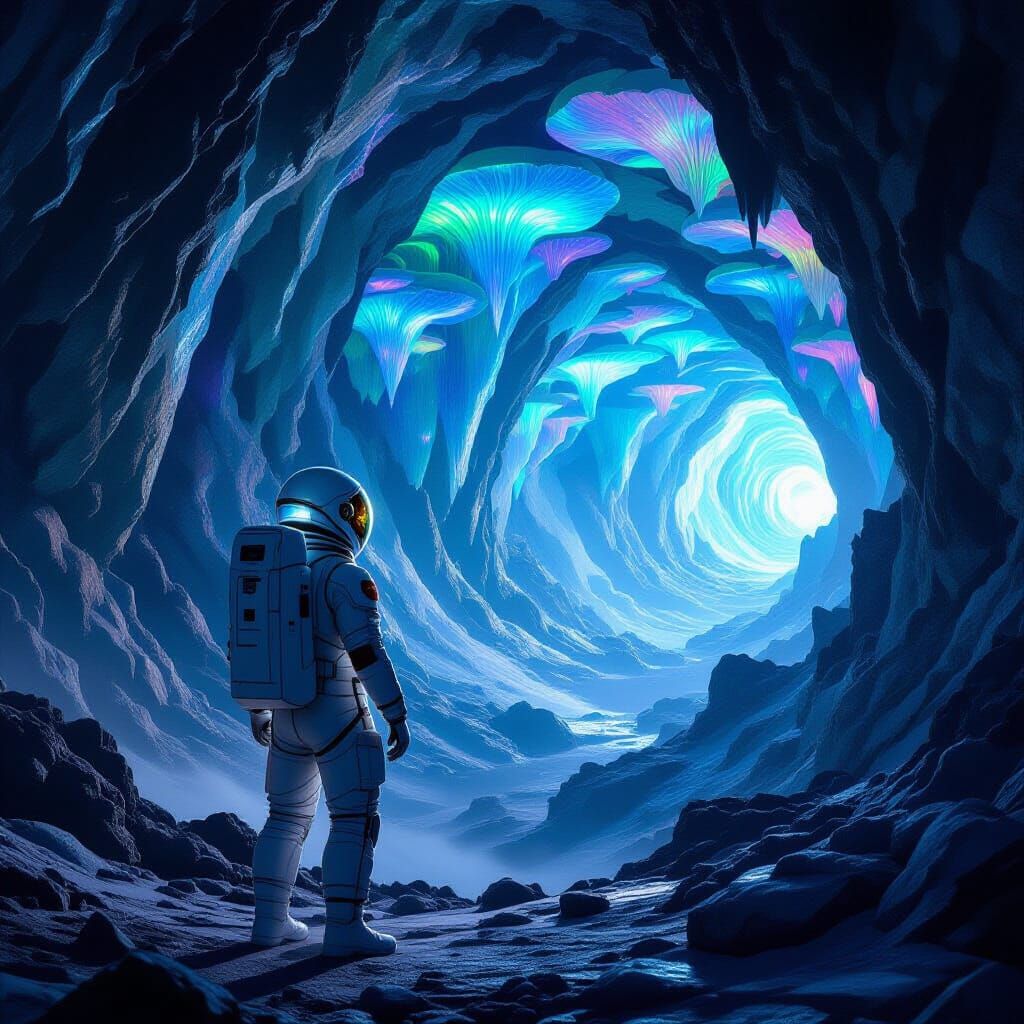 Astronaut Explores Alien Cavern with Bioluminescent Fungi