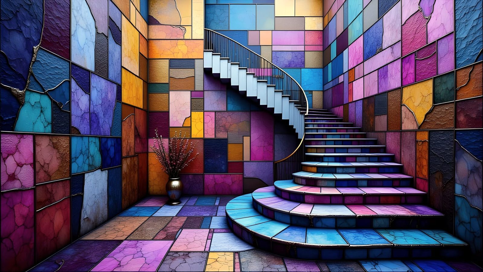 Surreal Staircase with Geometric Psychedelic Neo-Cubist Styl...