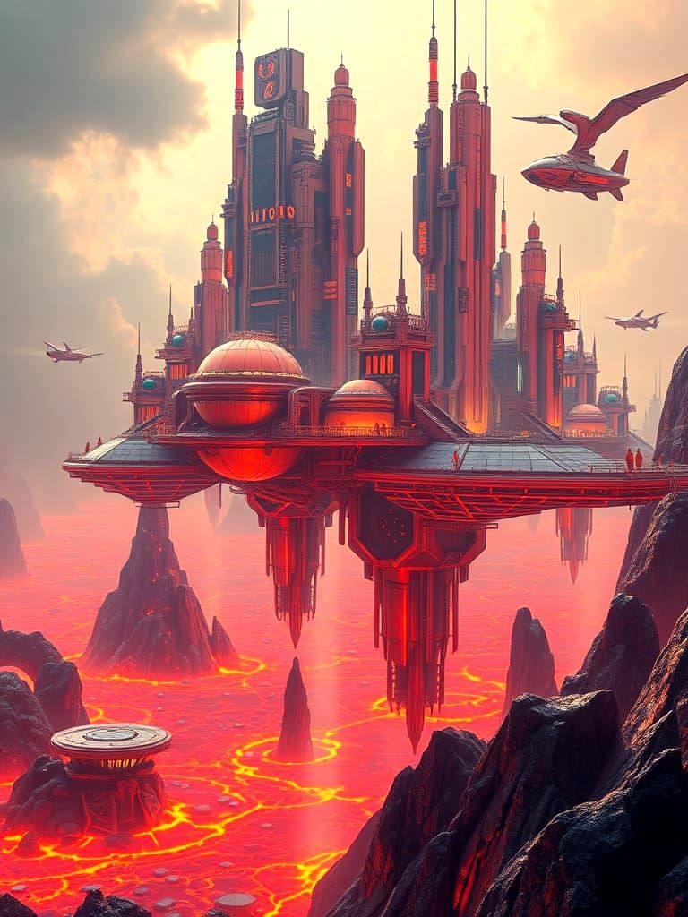 Futuristic City on Floating Island Above Glowing Lava Lake i...