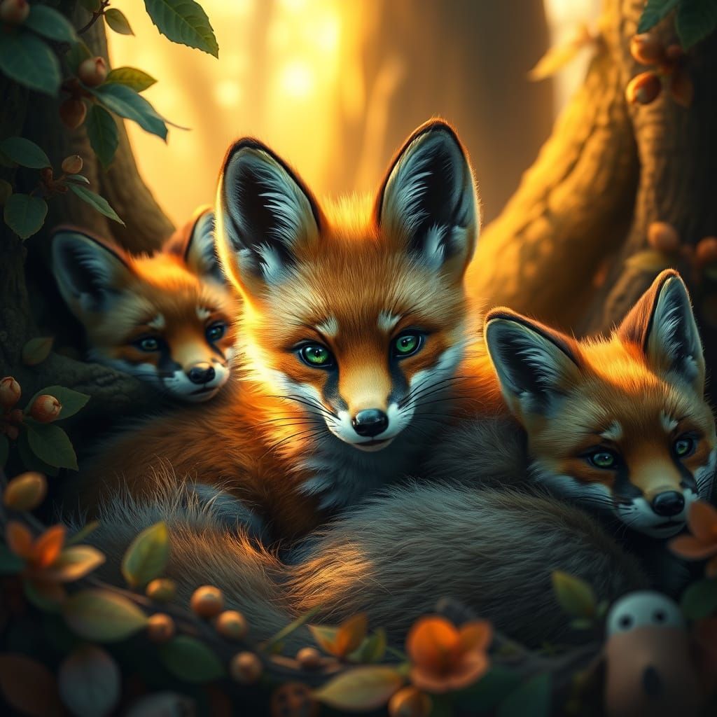 Whimsical Fox Family in Vibrant Forest Scene