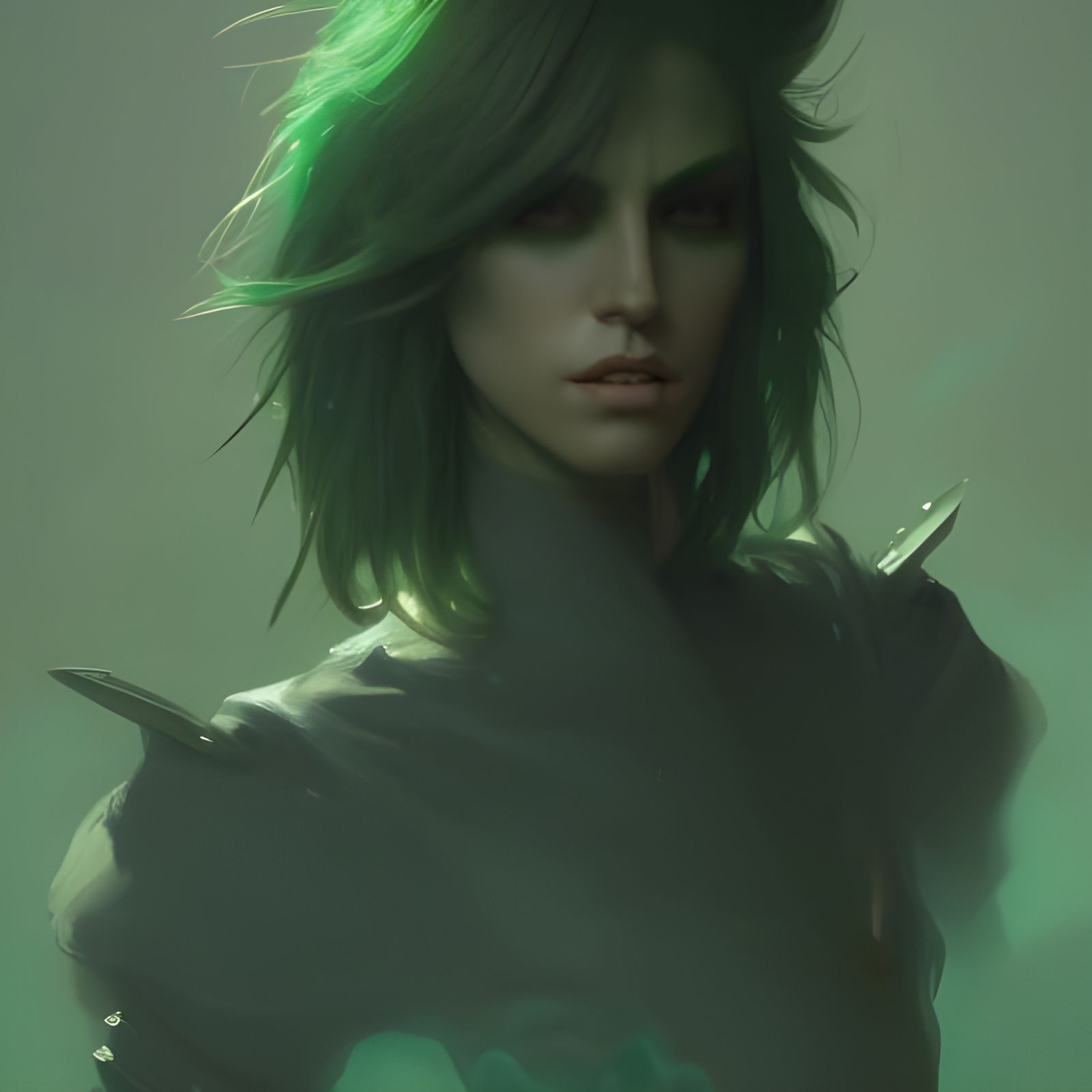 Androgynous Green-Haired Character in Dark Fantasy Style