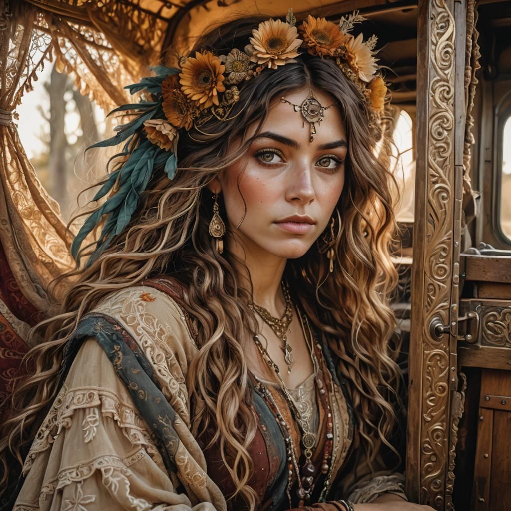 Bohemian Gypsy Girl Portrait with Earthy Tones