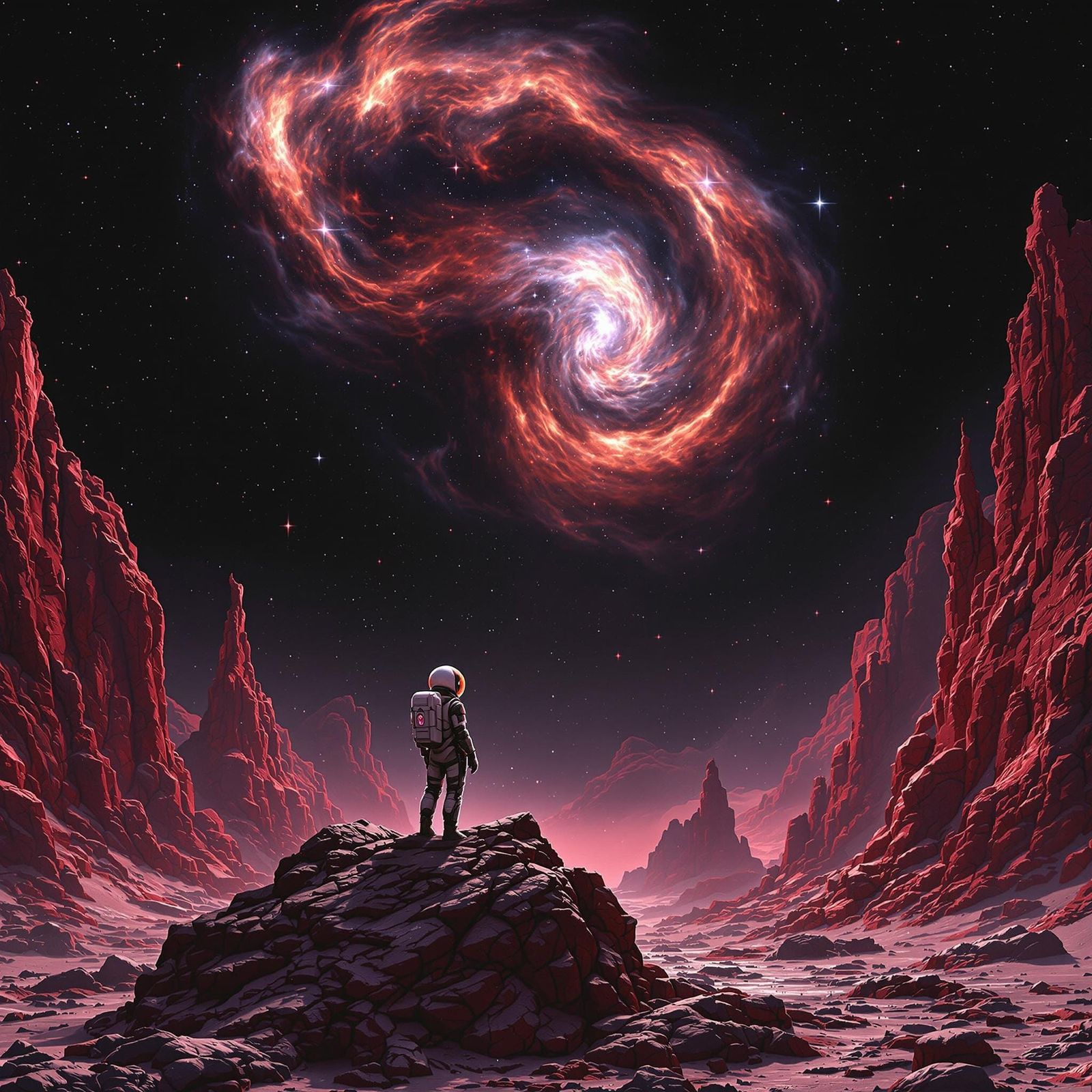 Female Astronaut Contemplates Nebula on Barren Alien World