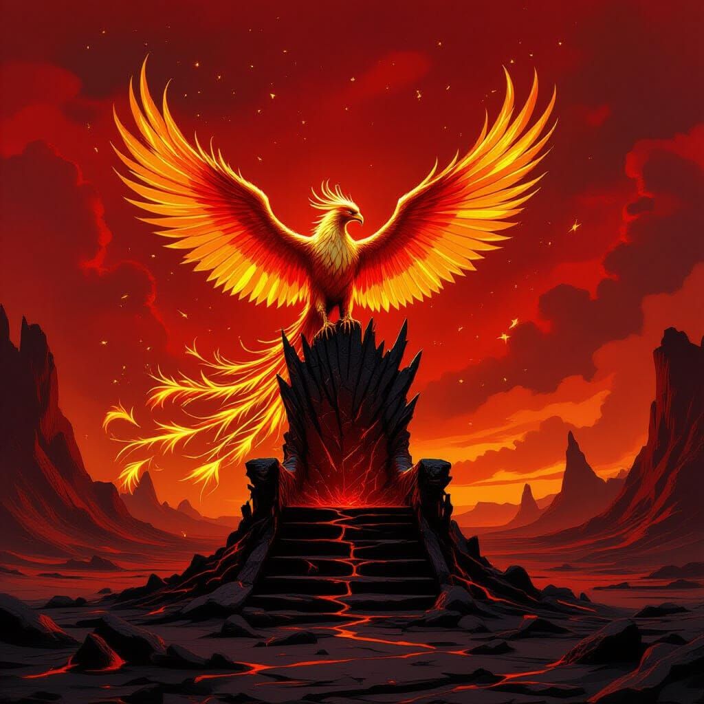 Molten Gold Phoenix on Obsidian Throne