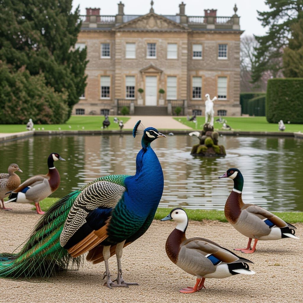 Peacock at Stately Home Among Wildfowl