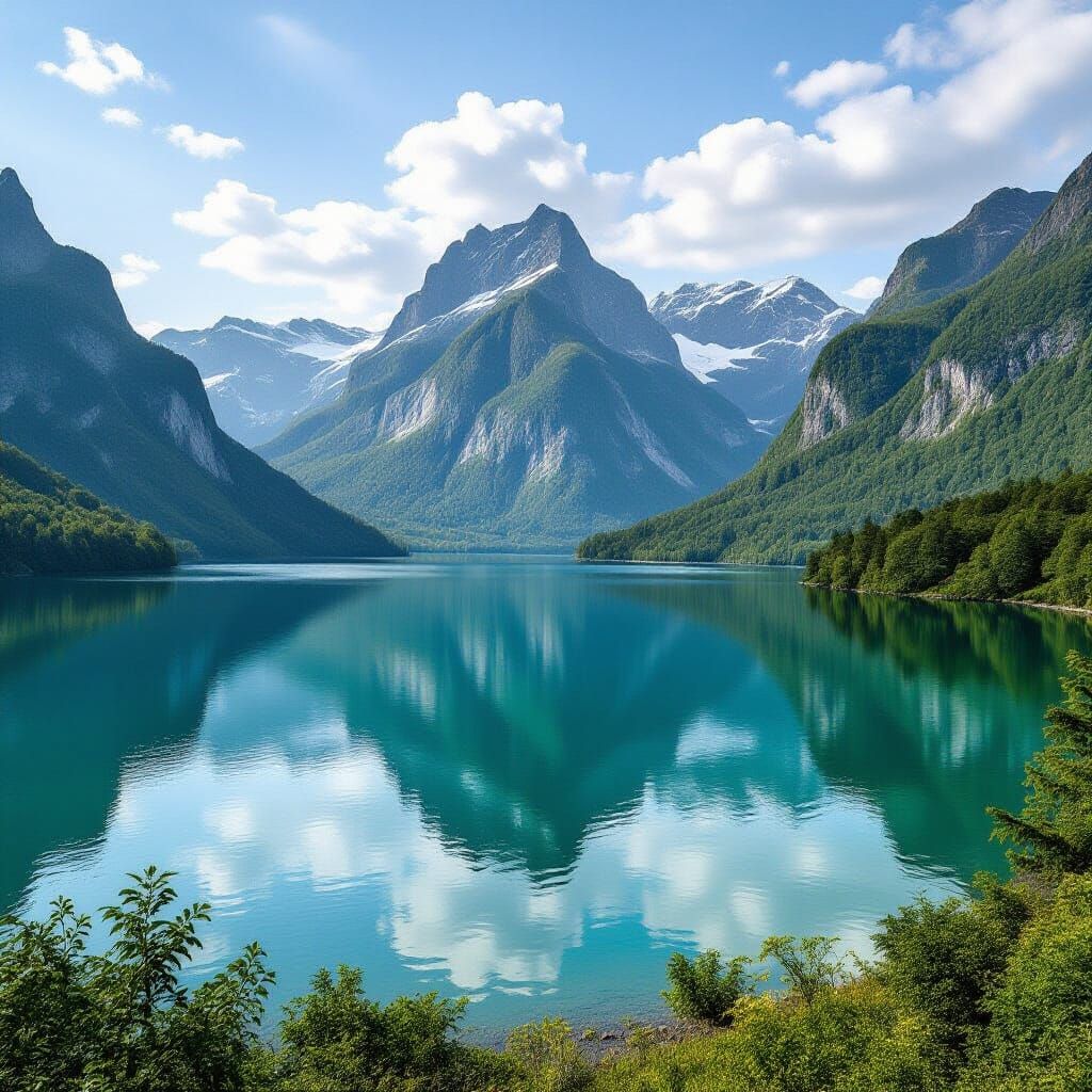 Majestic Mountains Reflected in a Serene Valley