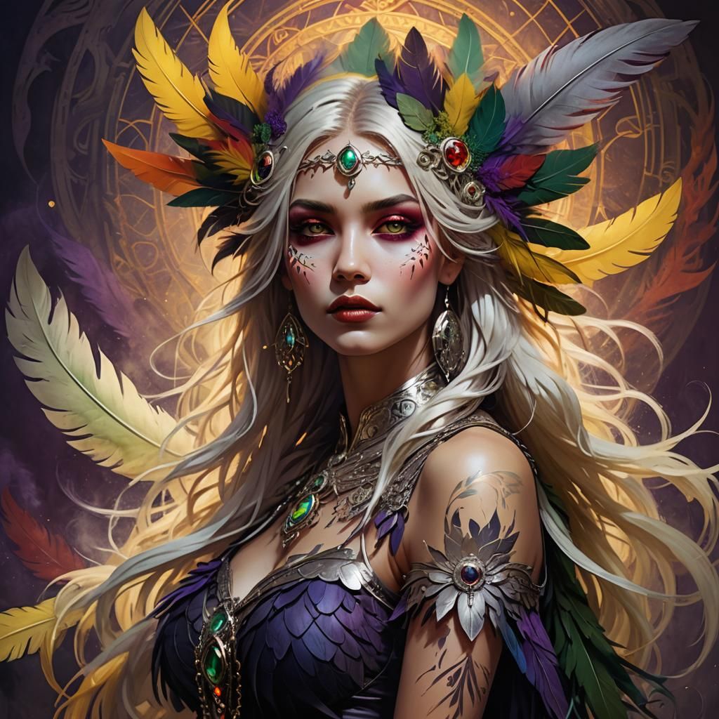 Fantasy Woman with Feathers, Alphonse Mucha Style