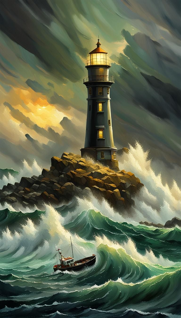Lighthouse in storm,  black sky, green sea, boat in difficul...