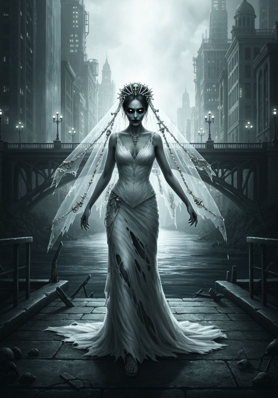 Gothic Bride Under Fractured Moon in Spirepunk Style
