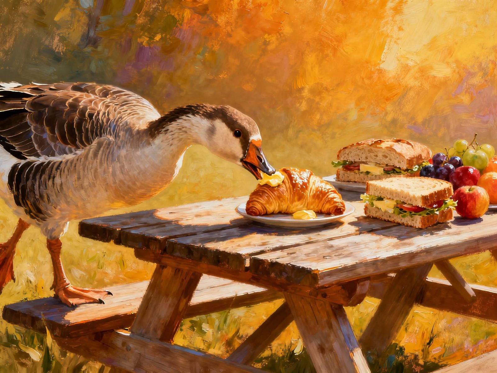 Elegant Goose Steals Croissant from Picnic Table in Oil Pain...