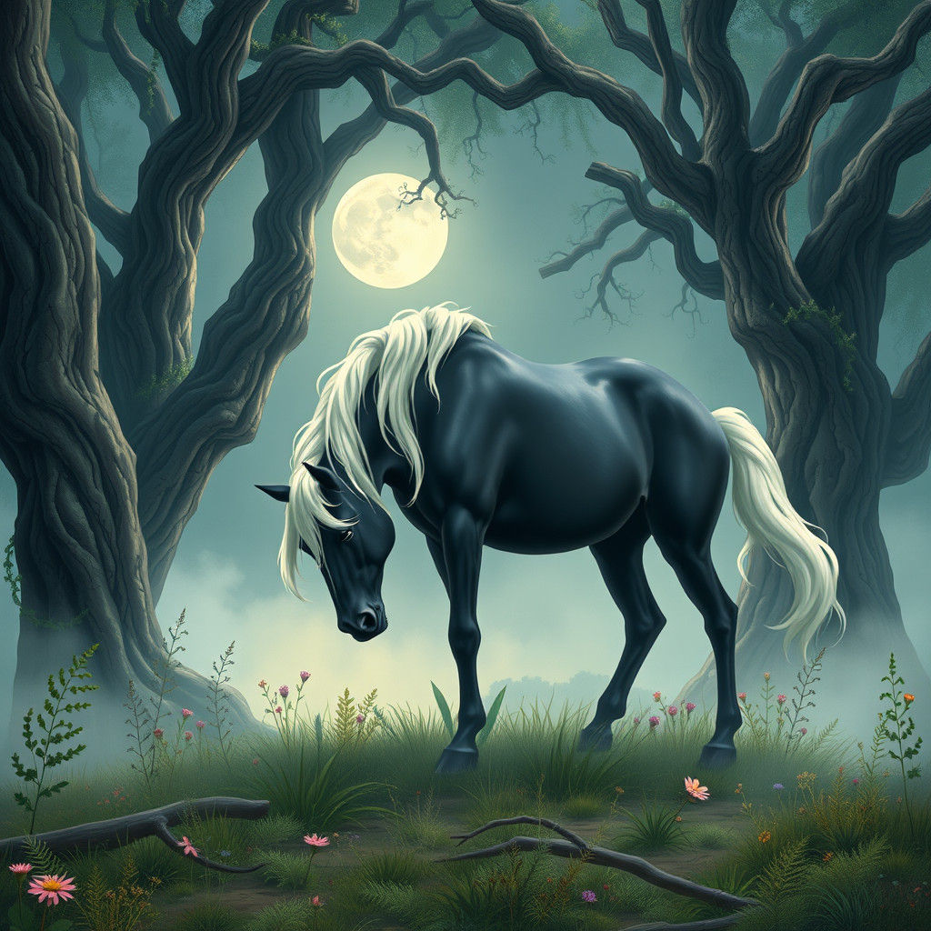 Ebony Unicorn in Moonlit Enchanted Forest