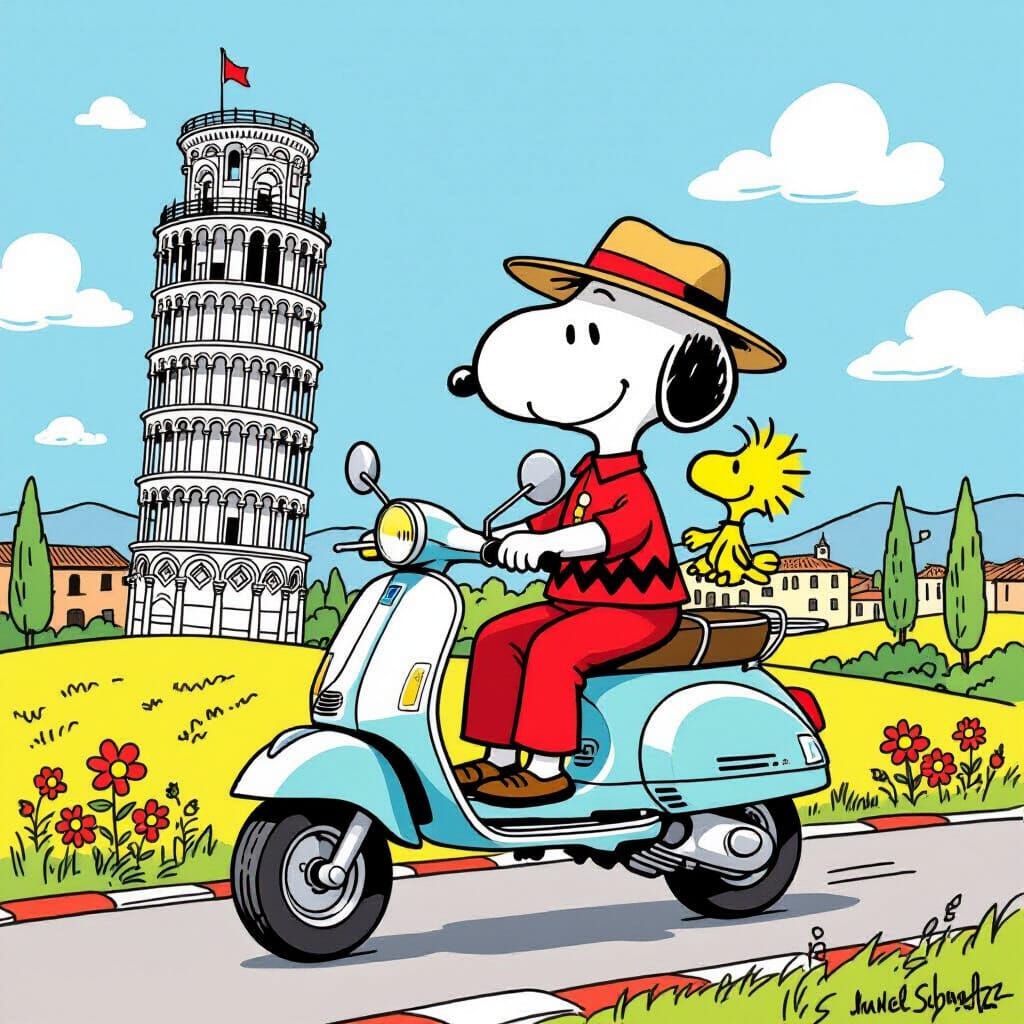 Snoopy and Woodstock Visit Leaning Tower of Pisa