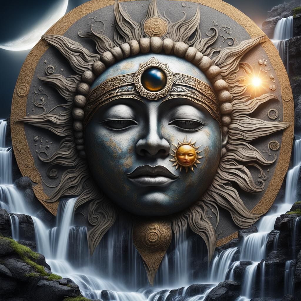 Surreal Face with Sun, Moon, and Waterfall