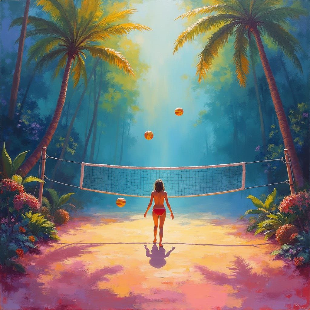 Vibrant Impasto Volleyball Scene in Lush Environment