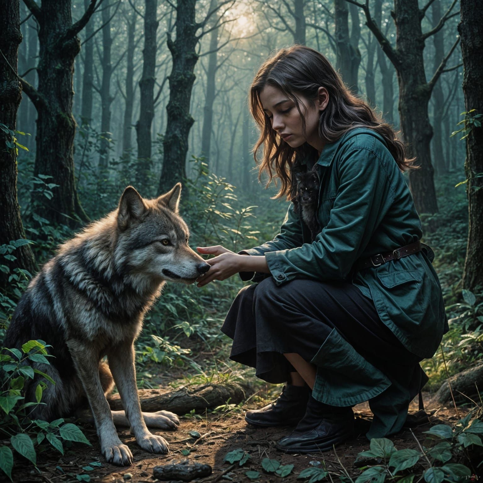Girl Tenderly Holds Wolf Cub Amidst Dark Forest and Fallen M...