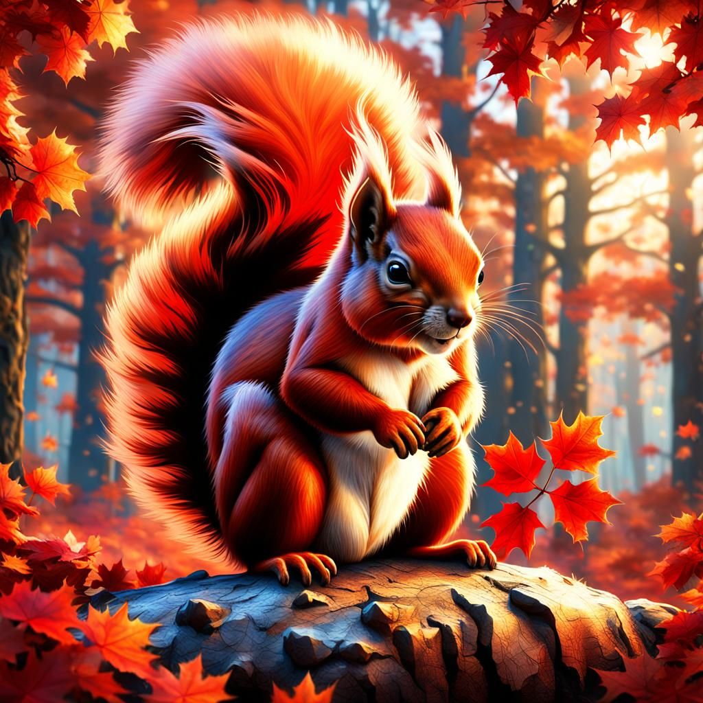 Red Squirrel with Acorn in Maple Forest