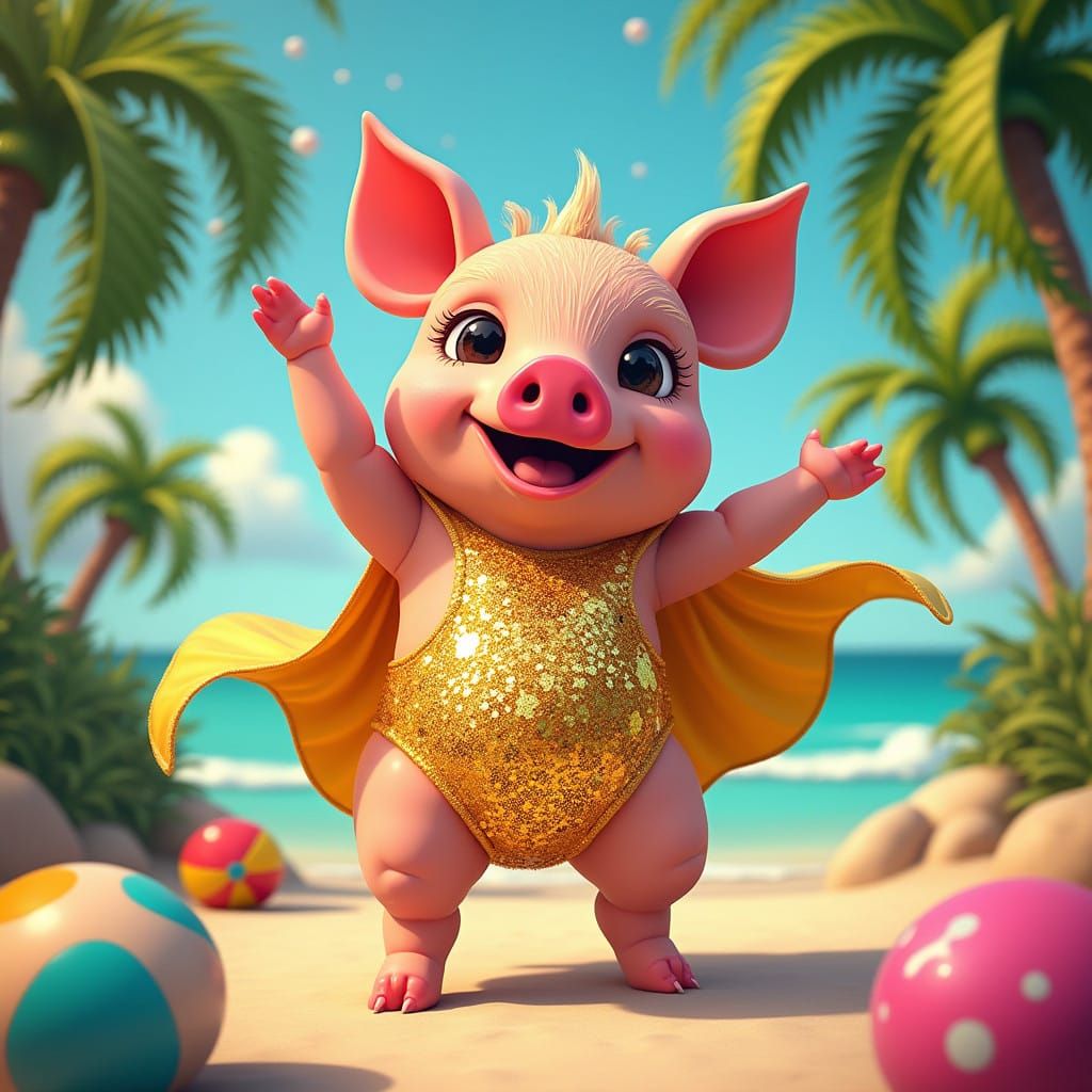 Vibrant Pig Dances in Stunning Golden Swimsuit