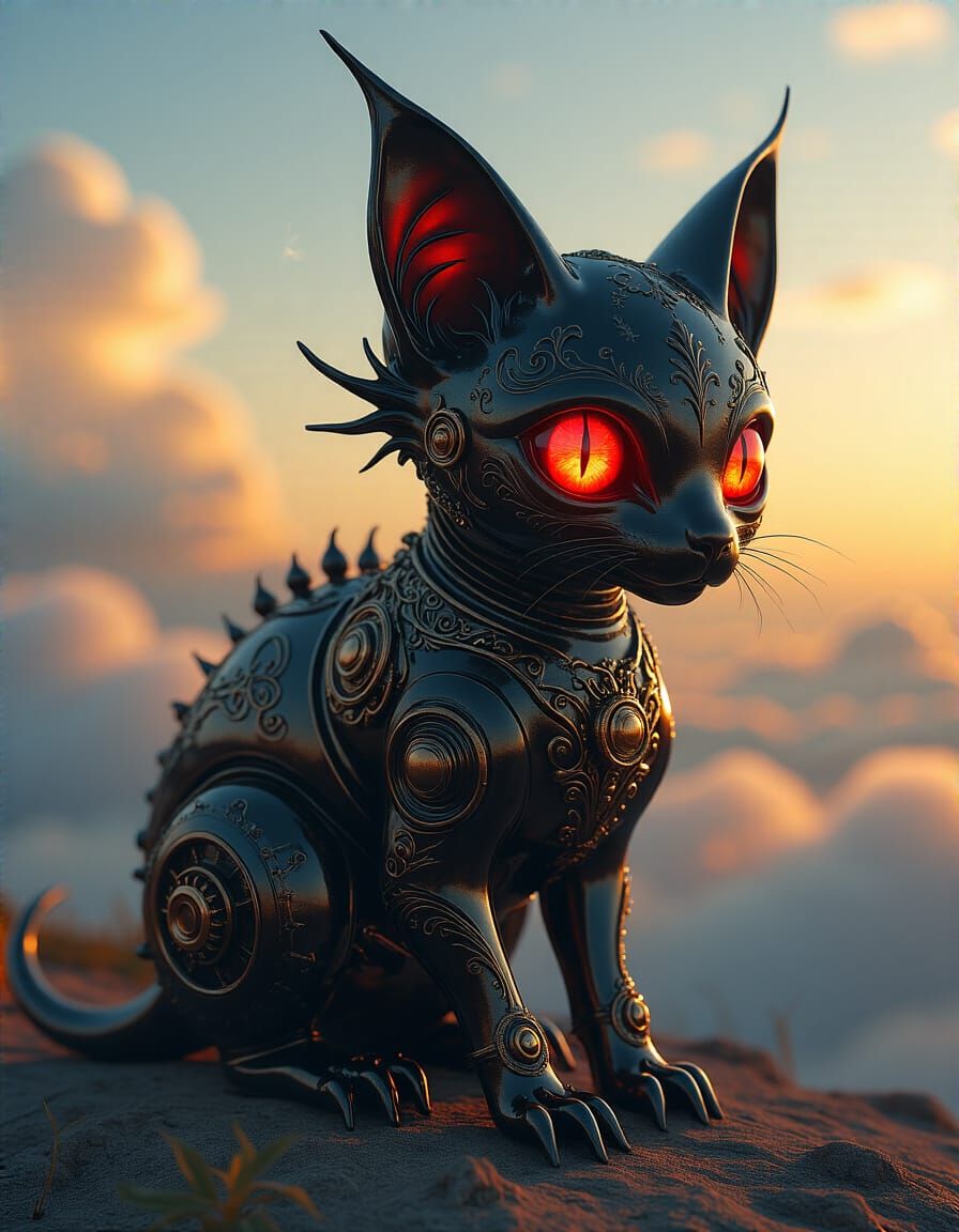 Stygian Digital Pet with Ruby Eyes in Golden Hour Glow