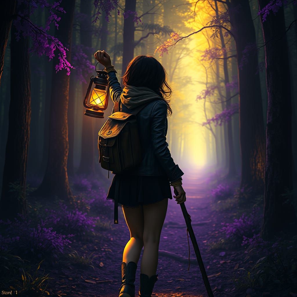 Mystical Forest Path Illuminated by Lantern