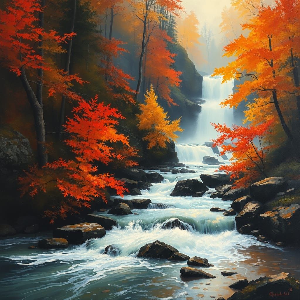 Autumn Waterfalls in Egon Schiele Style