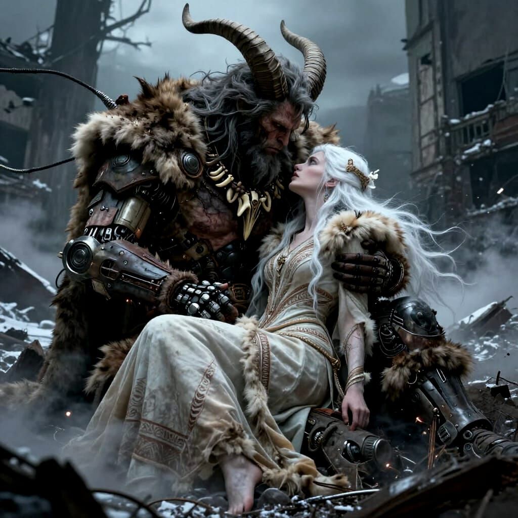 Mythical Embrace in Winter Landscape Illustration