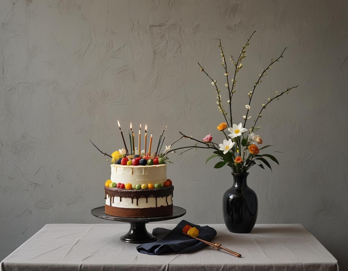Birthday Cake with Elegant Ikebana Flowers