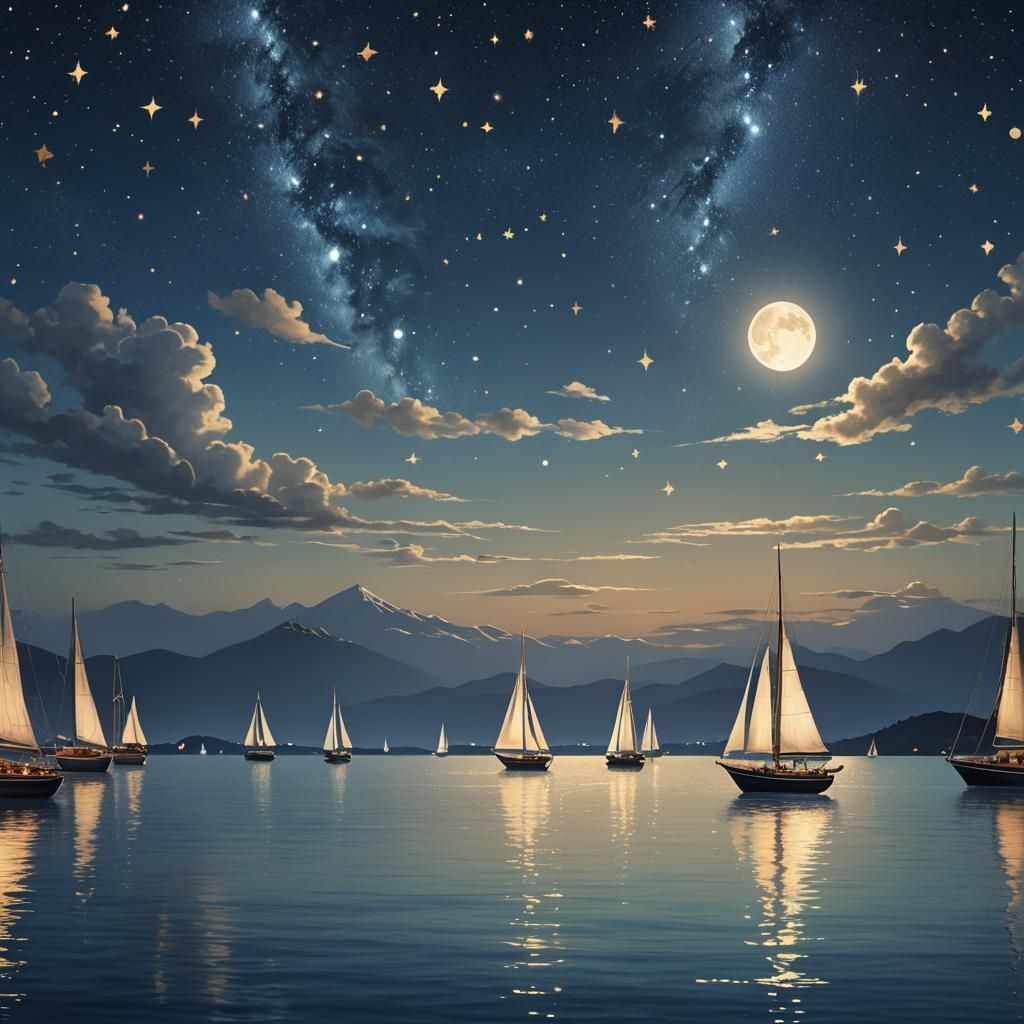 Sailboats Glide on Serene Indigo Ocean Landscape