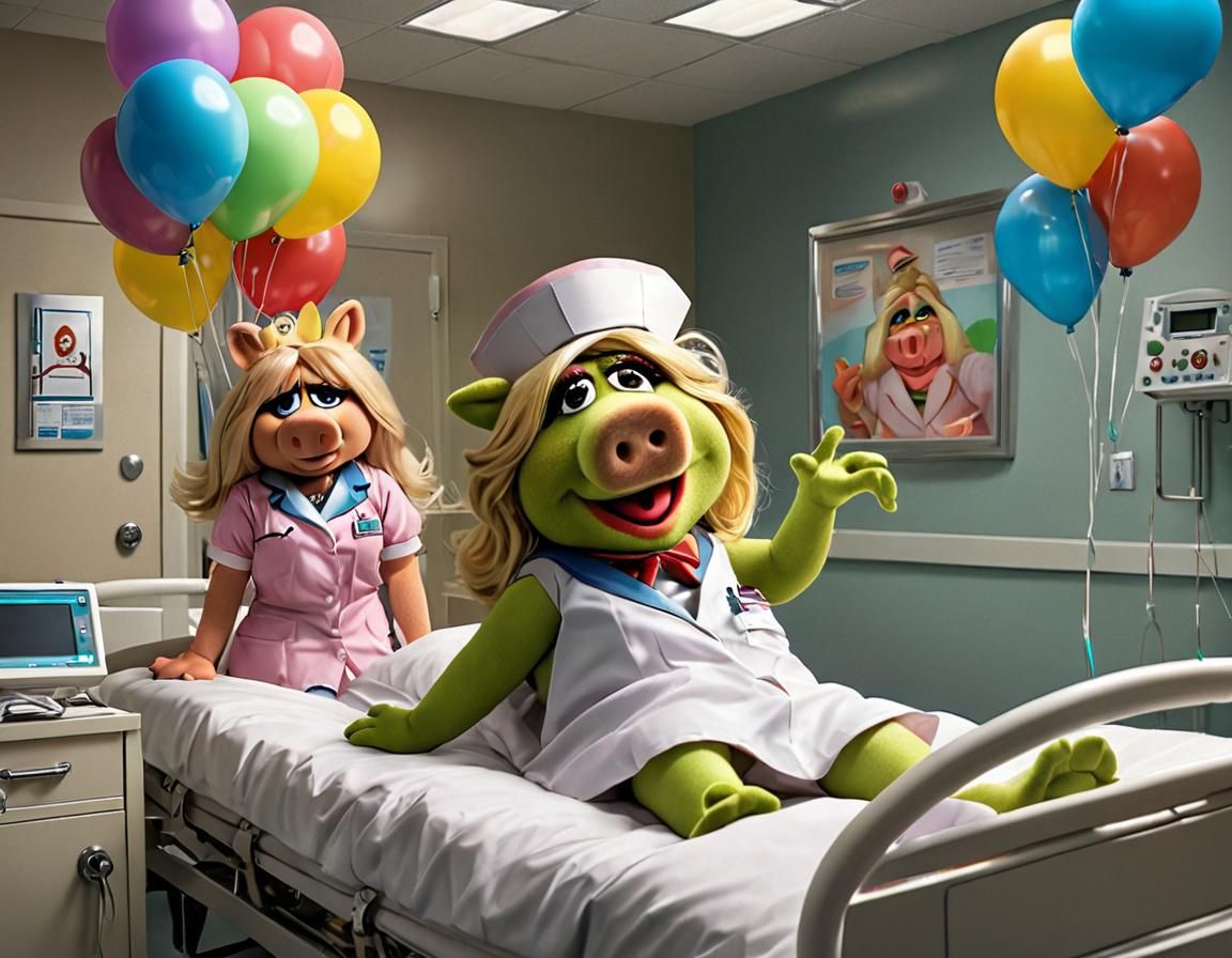 Miss Piggy Nurse Cartoon in Hospital Room