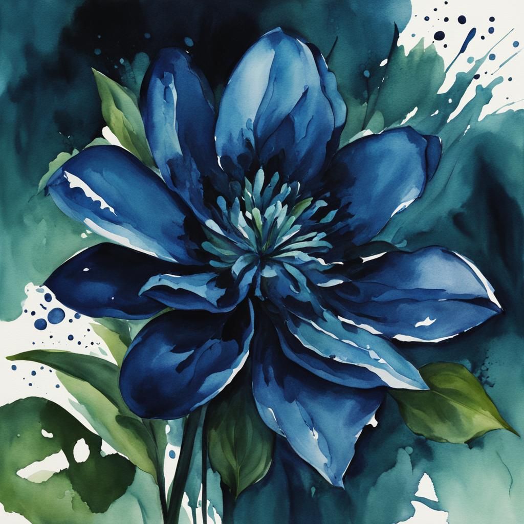 Dark Blue Watercolor Flower with Green Stem