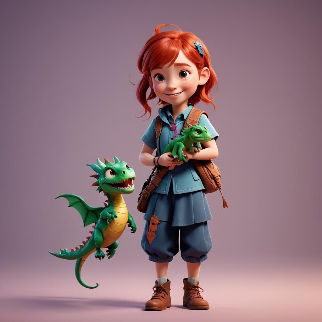 Cheerful Girl with Dragon: Pixar-Style 3D Art